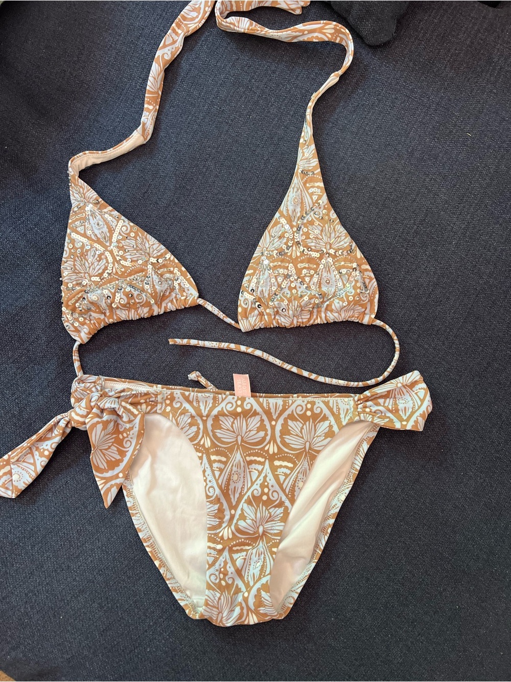 Victoria's Secret Cream and Tan Printed Triangle Bikini